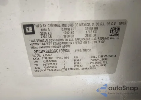 2016 Chevrolet Silverado 1500 1Lz from USA, damaged, VIN 3GCUKSEC3GG100934